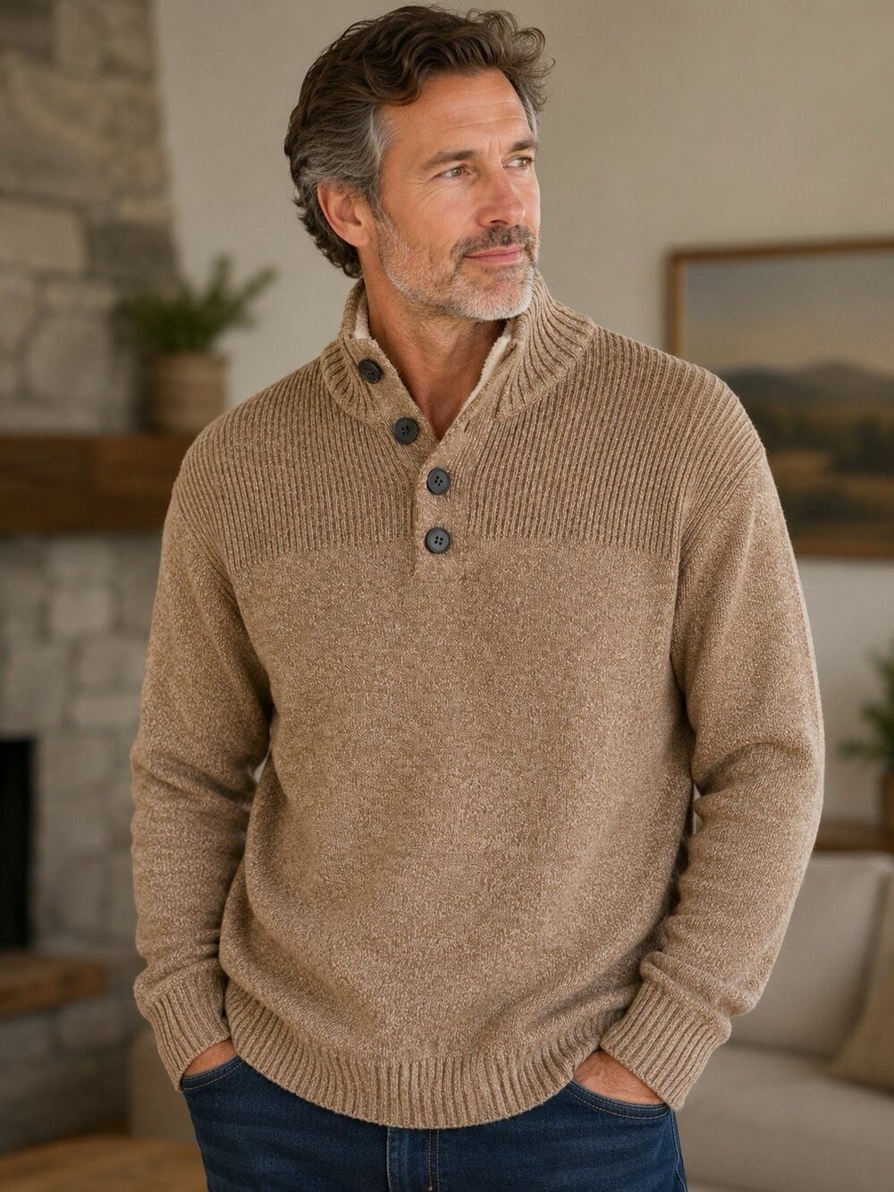 Tricot St. Raphael Men’s XL Fleece Lined Mock Neck Sweater Tan Button Pullover